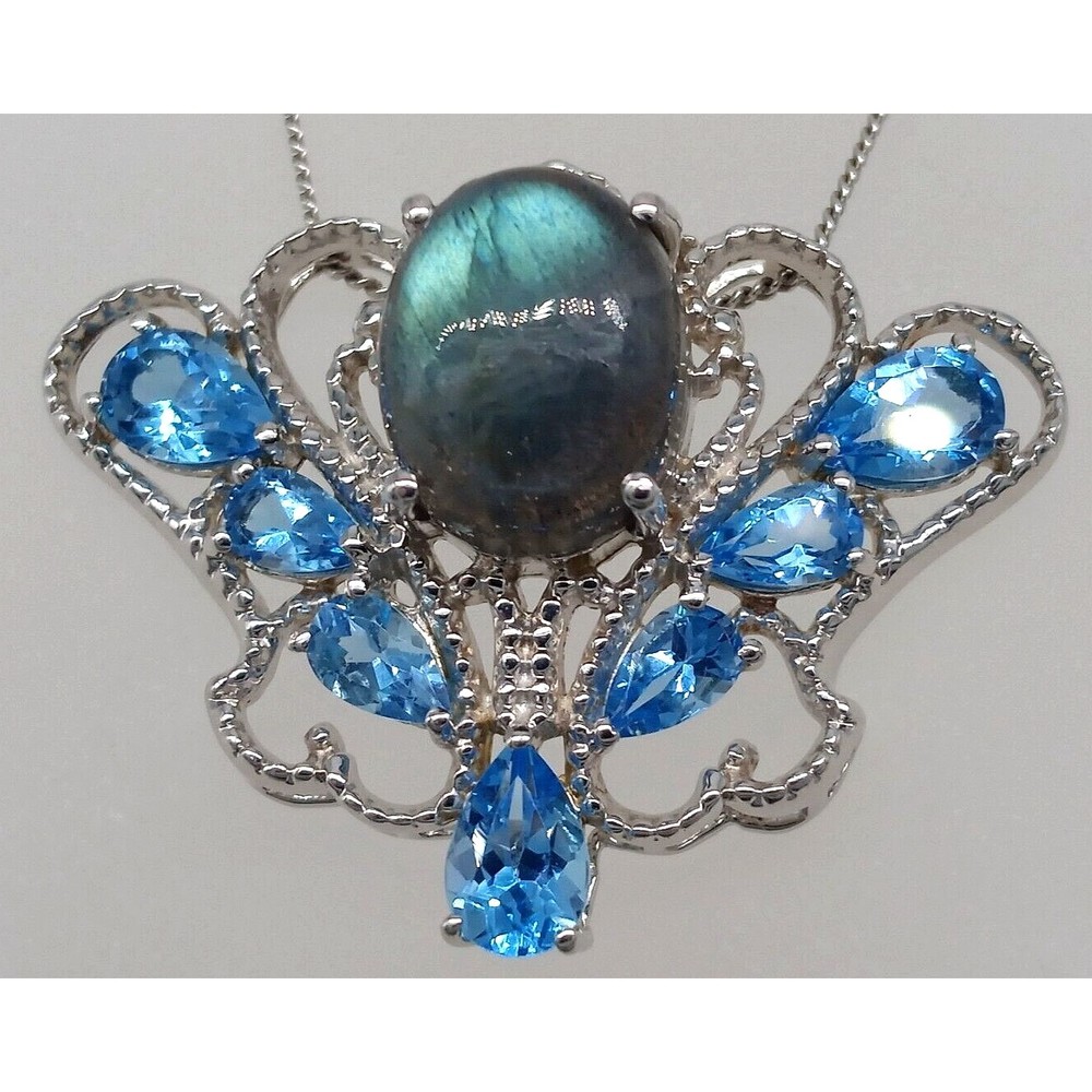 Chuck Clemency Blue Gemstone Topaz Pendant Necklace STS 925 Sterling Sparkly!